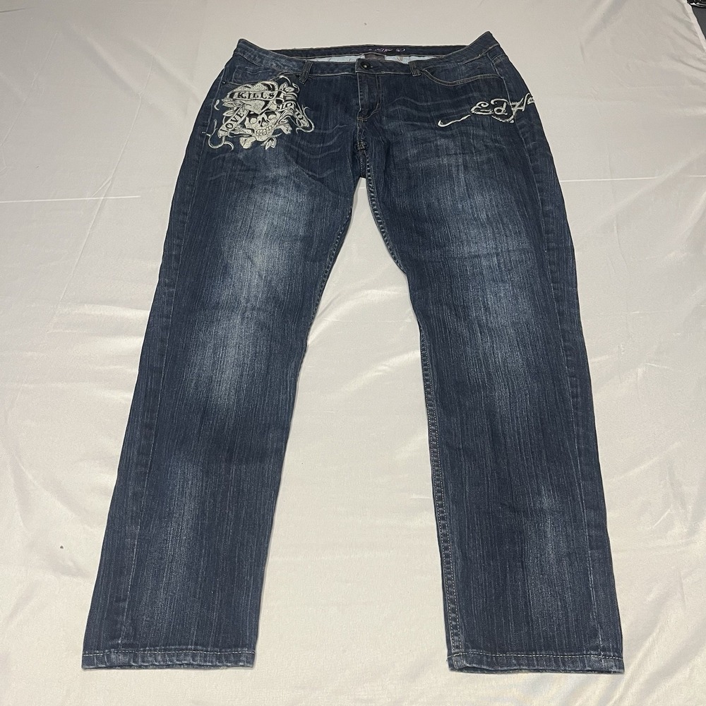 Ed Hardy Jeans Women 20 Fits 36x31 Blue Denim Embellished Y2K